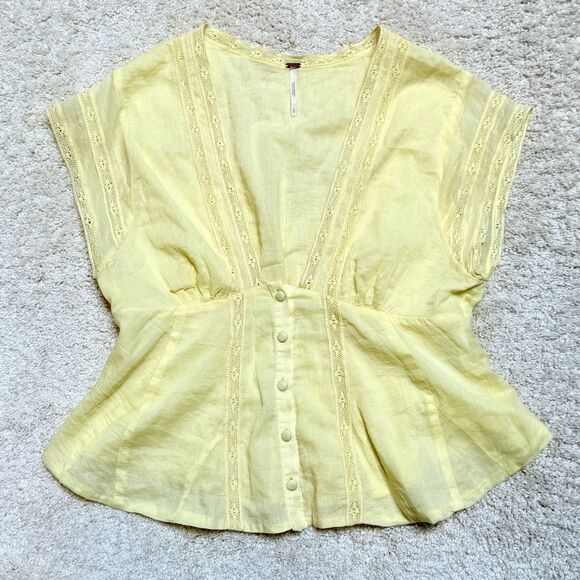 SOLD Free People Yellow V Neck Button Up Ruched Lace Flutter Sleeve Blouse Top S - Picture 2 of 12